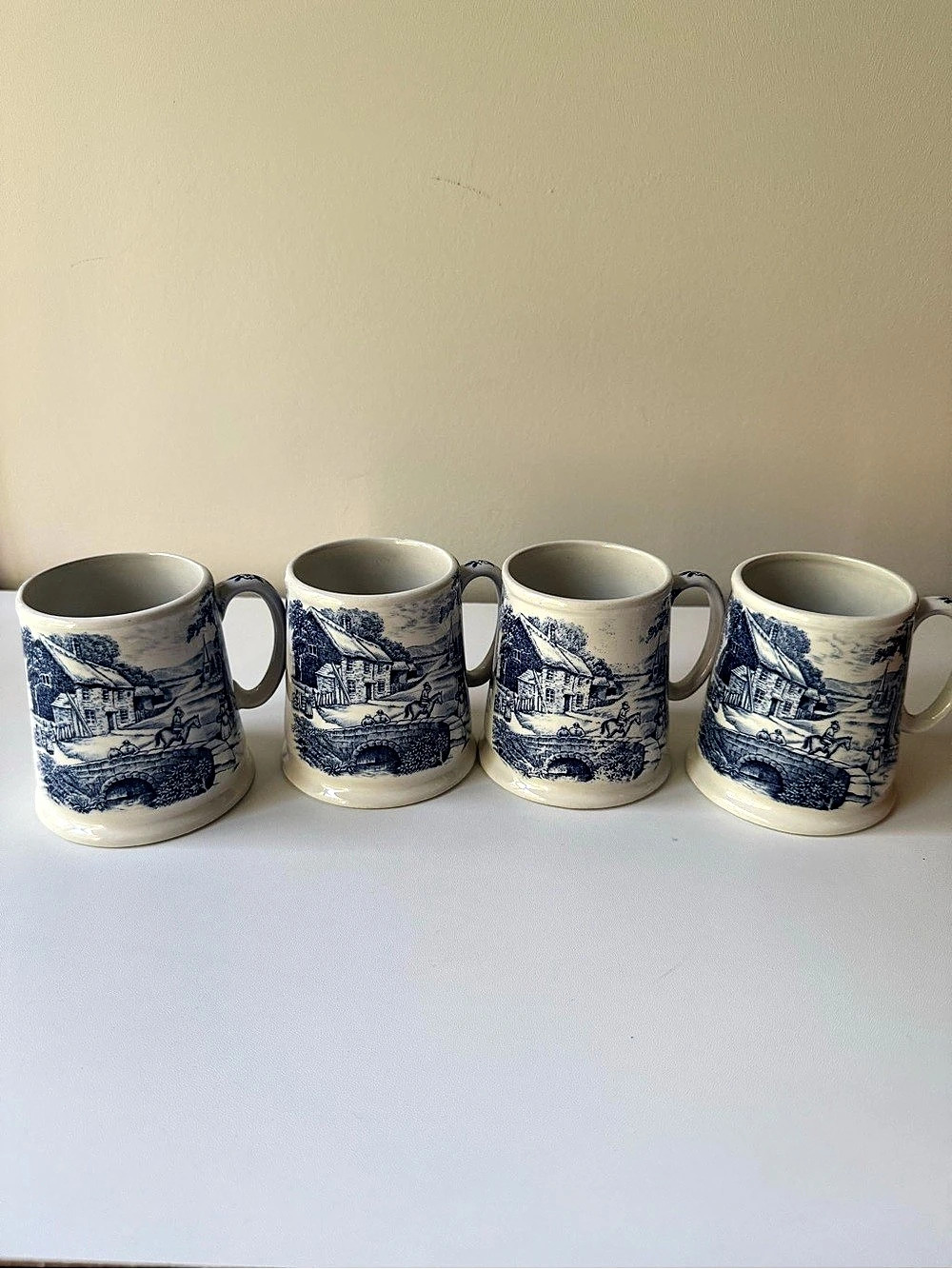 Old Foley Staffordshire Blue & Cream Mug Set of 4